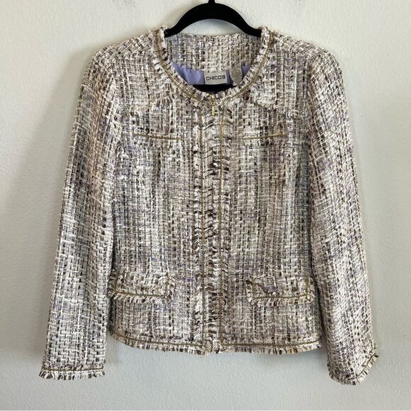 Chico’s Jacket Size 0 (small 4) Fringe Zip Front Beige Lined Career - Picture 1 of 9